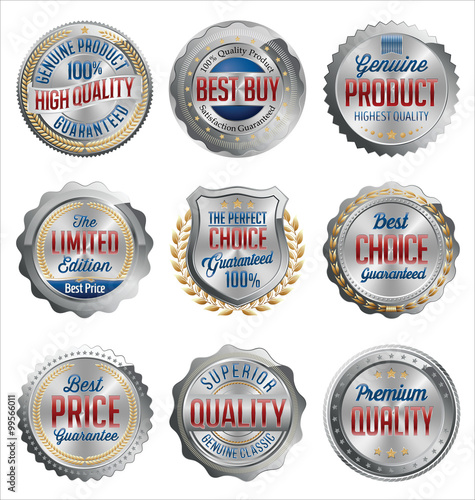 Badges and Stickers. Set of Luxury Silver with Gold, Red and Navy Details. Best Quality.