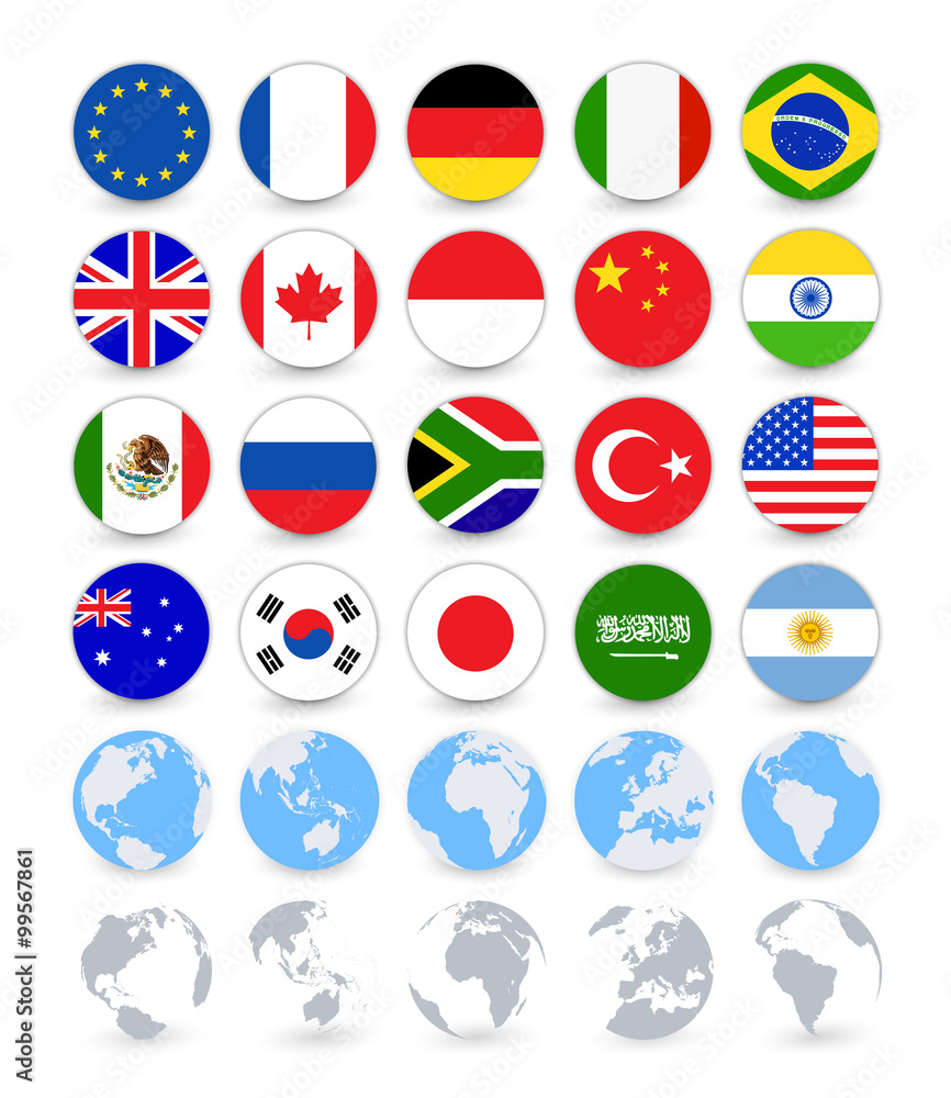 G20 country flags flat web buttons with globes G20 country flags flat web buttons with globes