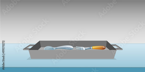 cartoon vector illustration of a silver tray with utensils
