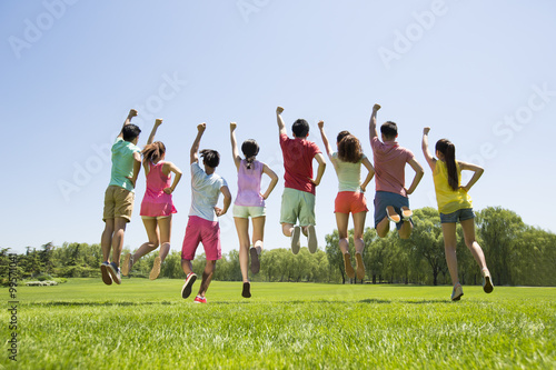 Rear view of eight cheerful young adults jumping on grass