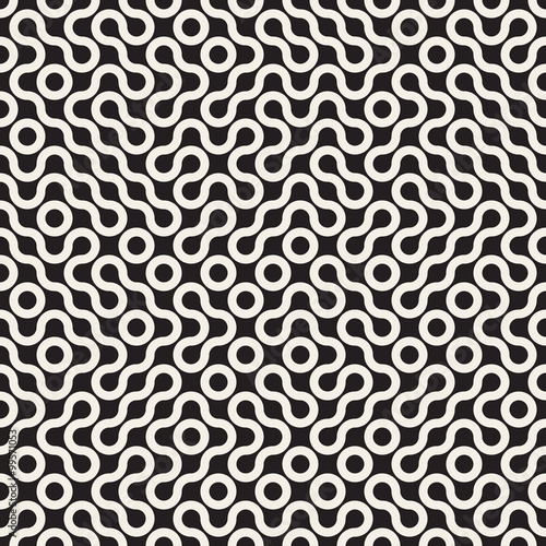 Vector Seamless Black and White Rounded Line Geometric Truchet Maze Pattern