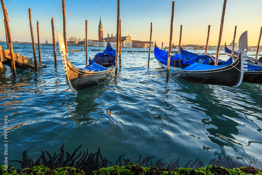 Gondolas moored by Saint Mark square with San Giorgio di Maggiore church in the background - Venice, Venezia, Italy, Europe