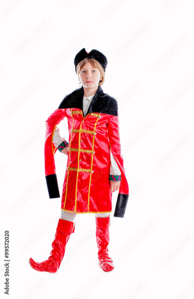 young boy in medieval carnival costume, red caftan, cocked hat, tricorn