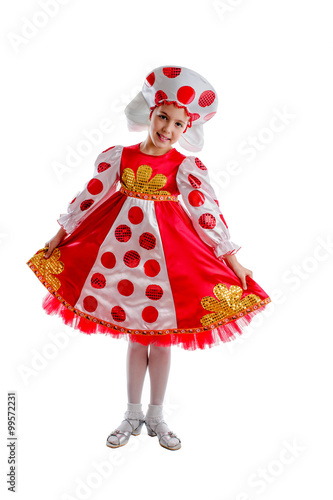 young girl in folk traditional carnival costume, red and white fluffy skirt