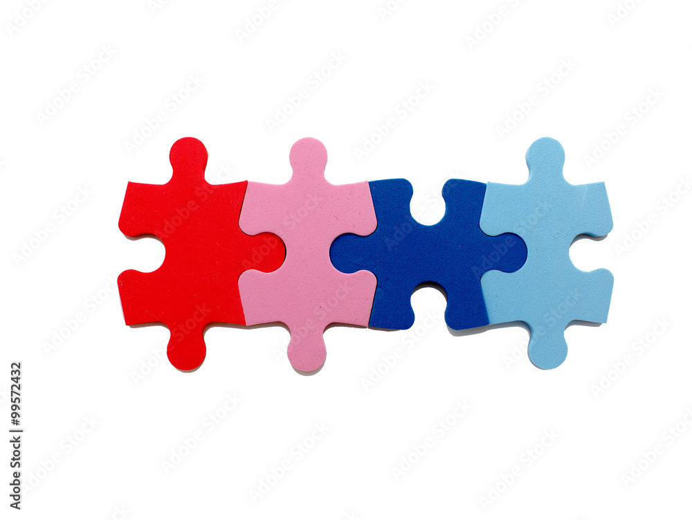 concept of open marriage. Four puzzle pieces of different colors symbolize an open relationship in marriage, sexual relations with different partners. isolated on white background concept of open marriage. Four puzzle pieces of different colors symbolize an open relationship in marriage, sexual relations with different partners. isolated on white background