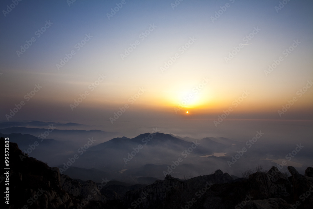 Sunrise in Chinese national famous mountain Taishan