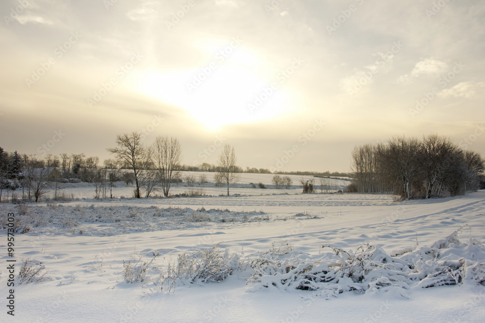 Sunrise on a Hungarian landscape with snow