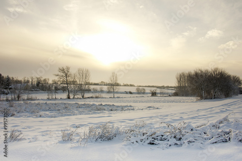 Obraz na płótnie Sunrise on a Hungarian landscape with snow w salonie