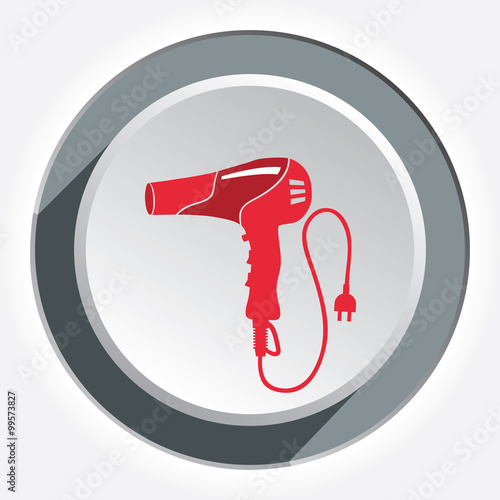 Hairdryer, blow dryer with two-pin plug icon. Hairdresser tool symbol. Red sign on round circle white-gray button. Vector