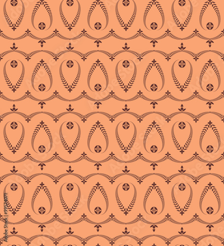 Religion seamless pattern. Laurel wreath, lace view texture with cross. Ceremonial background. Orange, brown colored. Vector 