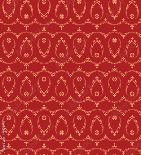 Religion seamless pattern. Laurel wreath, lace view texture with cross. Ceremonial background. Orange, red colored. Vector 