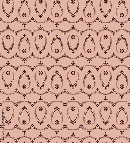 Seamless laurel wreath pattern of cross ornament. Lace view texture. Ceremonial, religious background. Dark vinous, maroon, rose colored. Vector