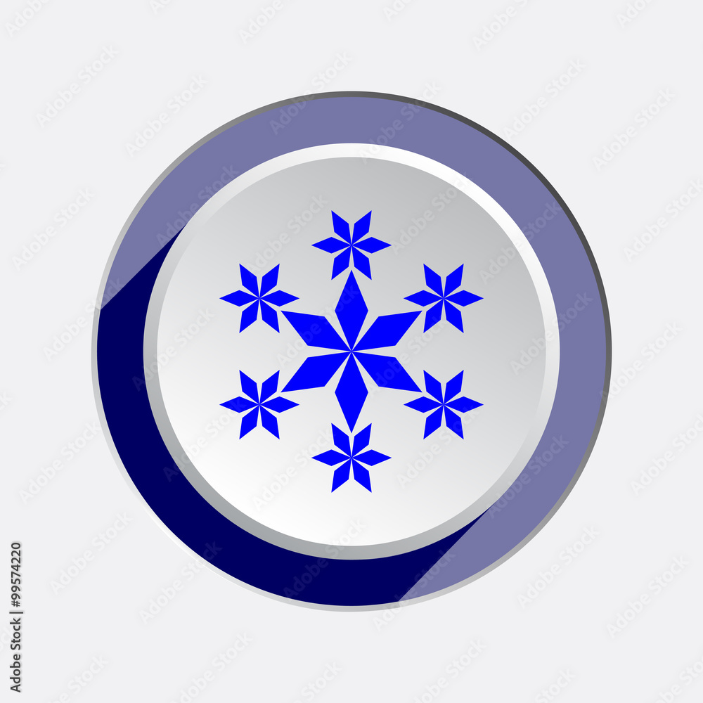 Christmas snowflake icon. New year, winter, sale symbol. Blue sign on white-lilac round button with shadow. Vector Christmas snowflake icon. New year, winter, sale symbol. Blue sign on white-lilac round button with shadow. Vector