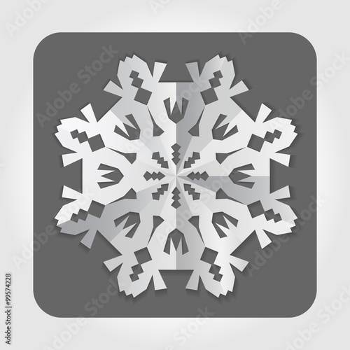 Christmas paper snowflake origami icon. Paper cut out sign with shadow. White on gray. Vector