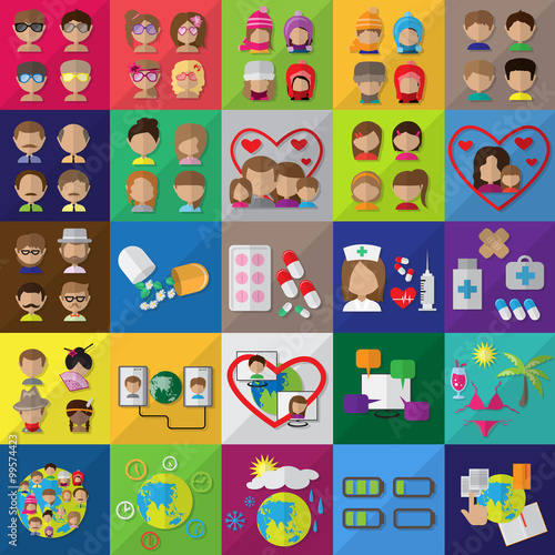 Flat Icons Set: Vector Illustration, Graphic Design. Collection Of Colorful Icons. For Web, Websites, Print, Presentation Templates, Mobile Applications And Promotional Materials