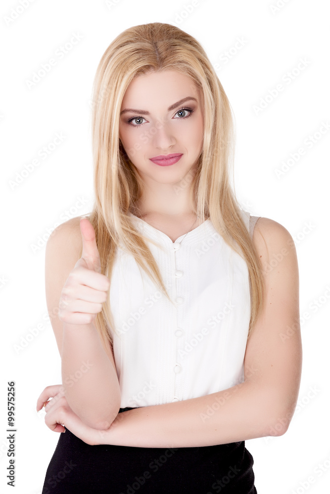 Confident Businesswoman thumb up On A White Background - Stock Image Confident Businesswoman thumb up On A White Background - Stock Image