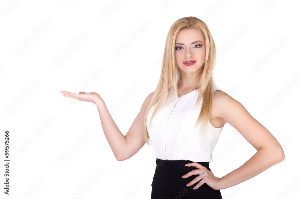 Beautiful Young Woman Showing Product (copy space) isolated - Stock Image Beautiful Young Woman Showing Product (copy space) isolated - Stock Image