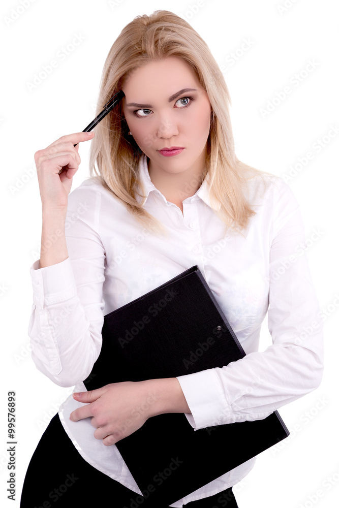 Businesswoman thinking with file and pen on brow - Stock Image Businesswoman thinking with file and pen on brow - Stock Image