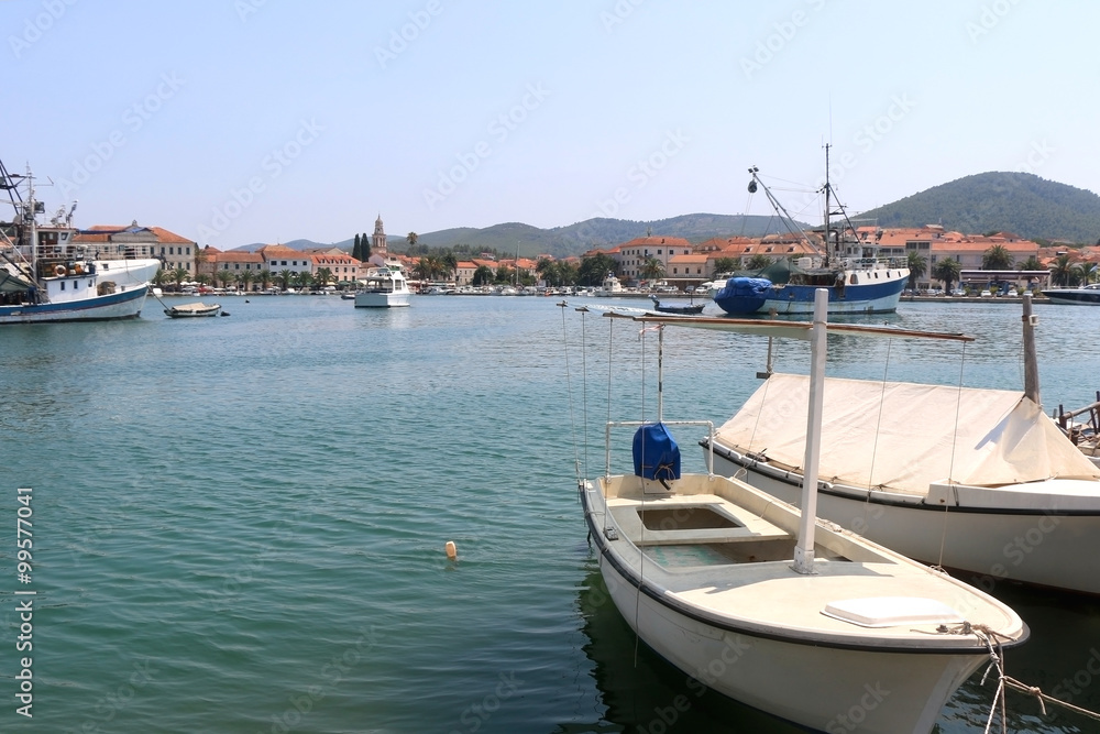 Fishing boats in port of Vela Luka, Korcula island, Croatia. 