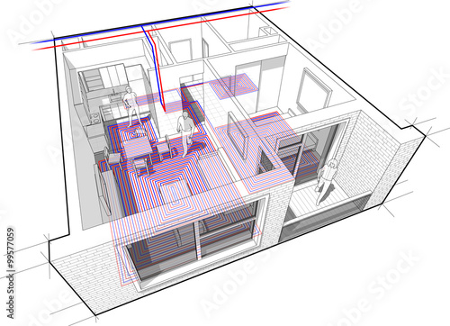 Perspective cutaway diagram of a one bedroom apartment completely furnished with hot water underfloor heating and central heating pipes as source of heating energy