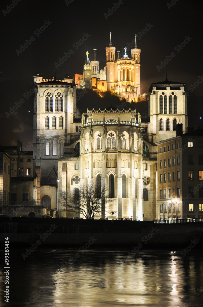 Saint-Jean-Baptiste Cathedral with the Fourviere Basilica, Lyon,