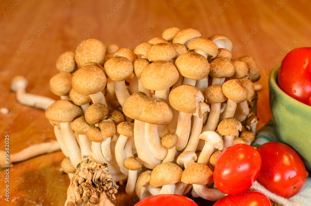 Tomatoes and mushroom , cooked on the old wooden table Tomatoes and mushroom , cooked on the old wooden table