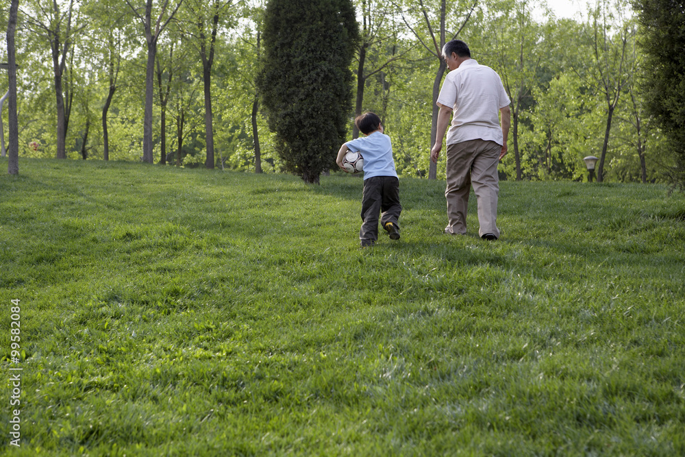 Grandfather And Grandson Walking In The Park With Soccer Ball Grandfather And Grandson Walking In The Park With Soccer Ball