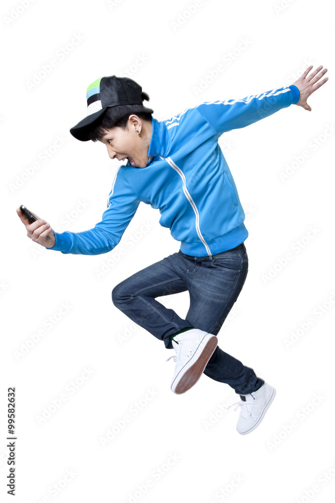 excited man jumping up with phone