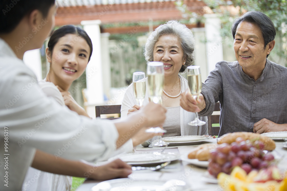 Family raising a toast at lunch