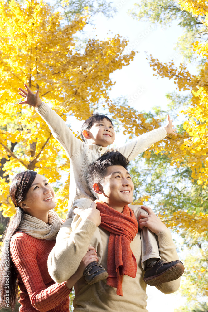 Boy sitting on his father's shoulders in a park with family in Autumn