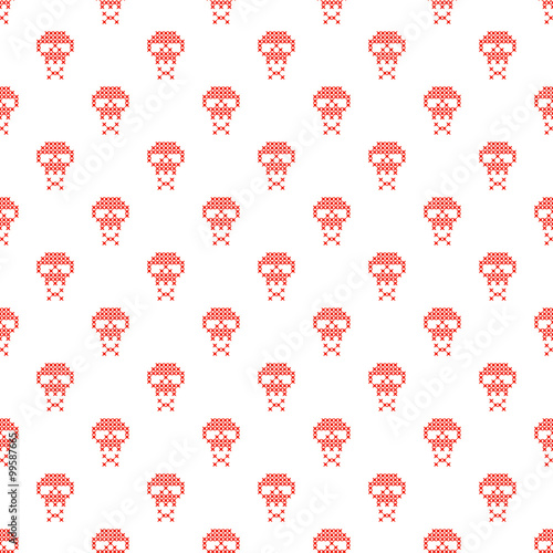 Cross stitch skull seamless vector pattern. Red embroidery fun design. Pixel art stylized simple background.