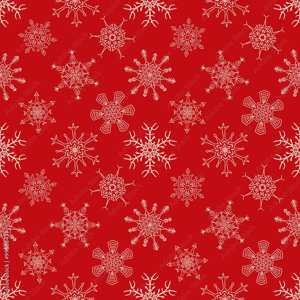 Seamless Christmas red pattern with drawn snowflakes Seamless Christmas red pattern with drawn snowflakes