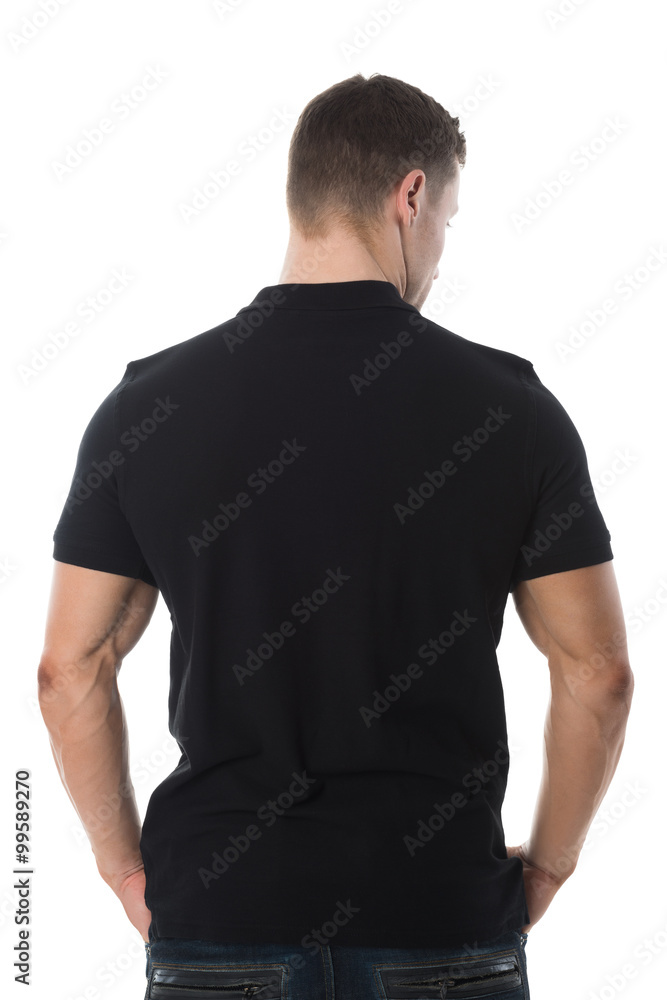 Rear View Of Man In Black Tshirt On White Background Rear View Of Man In Black Tshirt On White Background