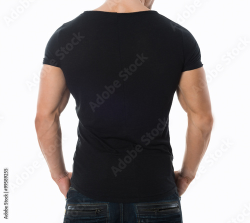 Rear View Of Man In Black Tshirt On White Background