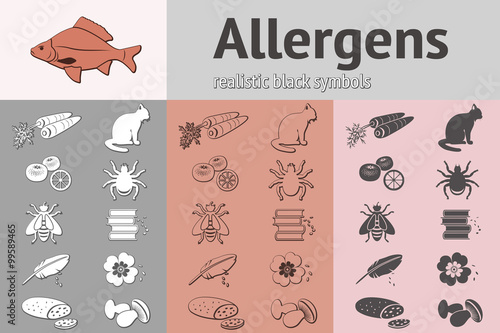 Allergen set. Fish, cat, insect, honey, bee, apple, mandarin, hackle, book, dust, pollen icons. Food and common allergy prevention symbols. Vector isolated