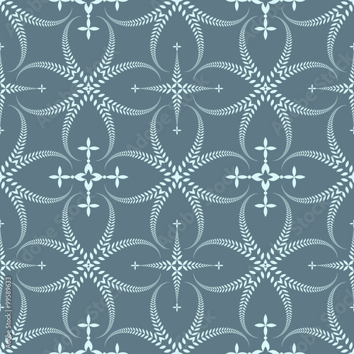 Religion seamless pattern. Laurel wreath, lace view texture with cross. Ceremonial background. Gray, blue colored. Vector 