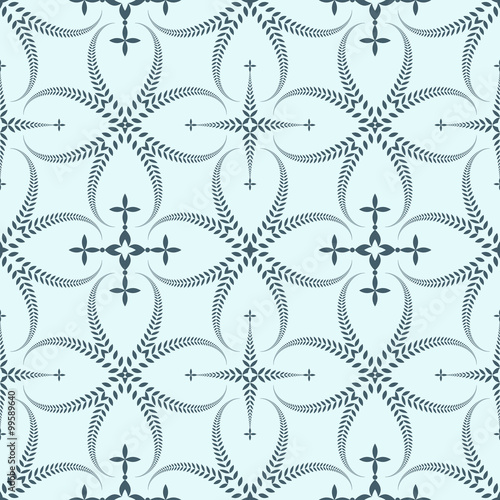 Religion seamless pattern. Laurel wreath, lace view texture with cross. Ceremonial background. Gray, blue colored. Vector 