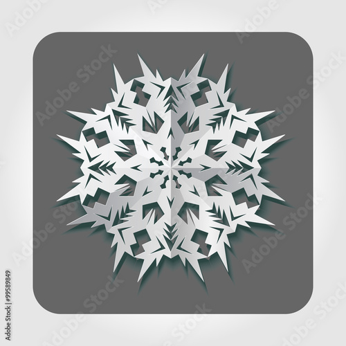 Paper snowflake origami icon. Christmas, New Year symbol. White cut out sign with shadow on gray. Vector
