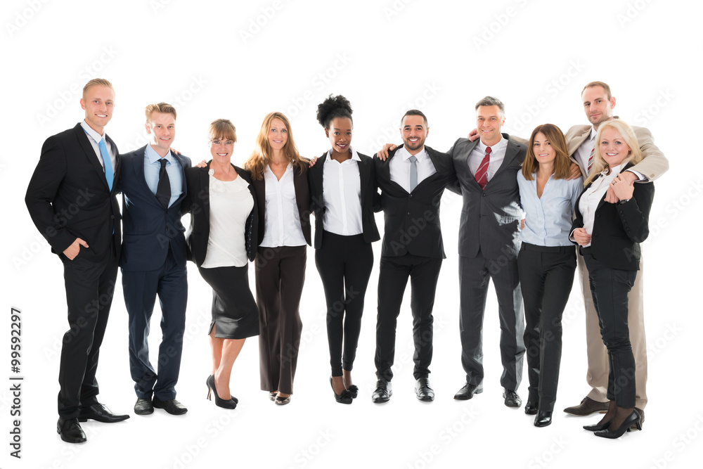 Confident Business Team Standing With Arms Around Confident Business Team Standing With Arms Around