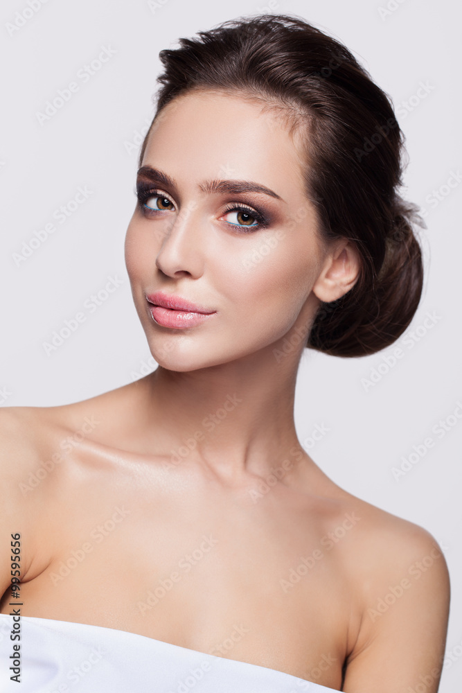 Portrait of beautiful young brunette woman bride in white dress Portrait of beautiful young brunette woman bride in white dress