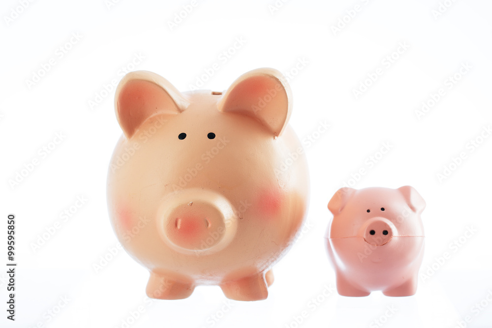 Two piggy bank toys isolated on a white background Two piggy bank toys isolated on a white background