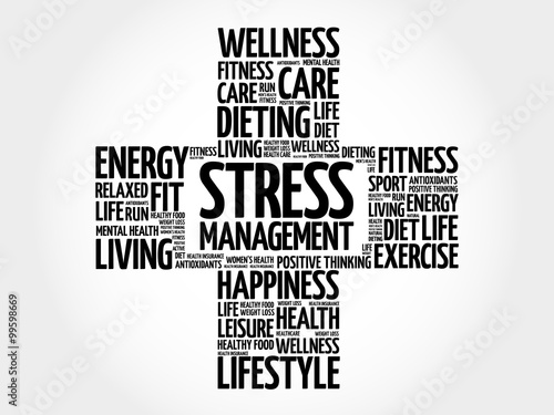 Stress Management word cloud, health cross concept