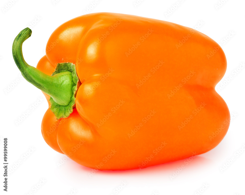 Single orange pepper with green stem isolated on white background Single orange pepper with green stem isolated on white background
