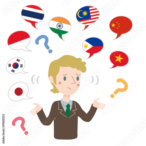 言葉が通じず、お手上げポーズのビジネスマン