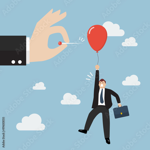 Hand pushing needle to pop the balloon of rival