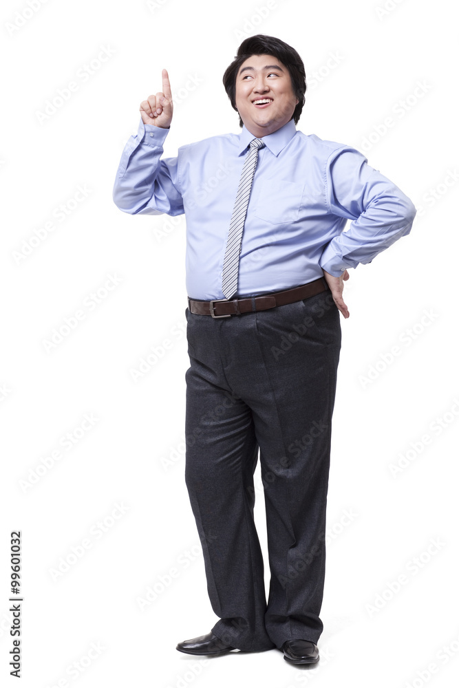 Overweight businessman raising index finger up Overweight businessman raising index finger up