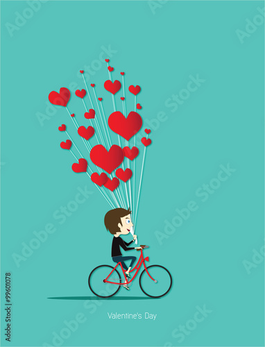 Boy cycling red bicycle with red heart for valentine day