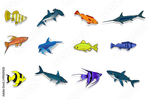 Set of sea and ocean fishes. Cartoon vector illustration.
