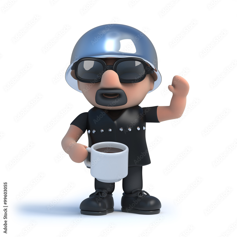 3d Biker drinks a cup of coffee