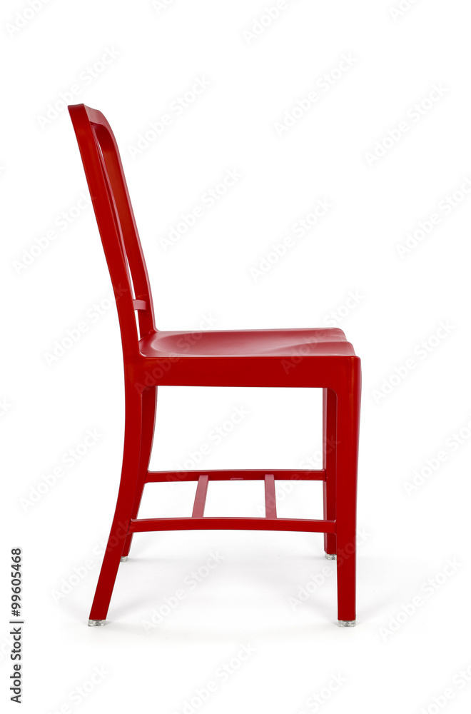 Red Plastic Chair on White Background, Side View Red Plastic Chair on White Background, Side View